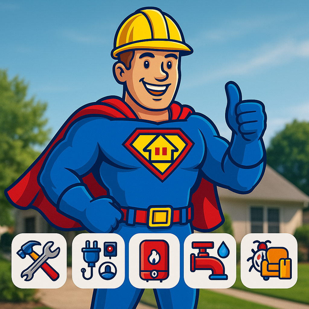 Mascota Reparații Express cu cască de protecție, simbol pentru servicii rapide: electric, sanitar, termic și DDD în București & Ilfov.”
