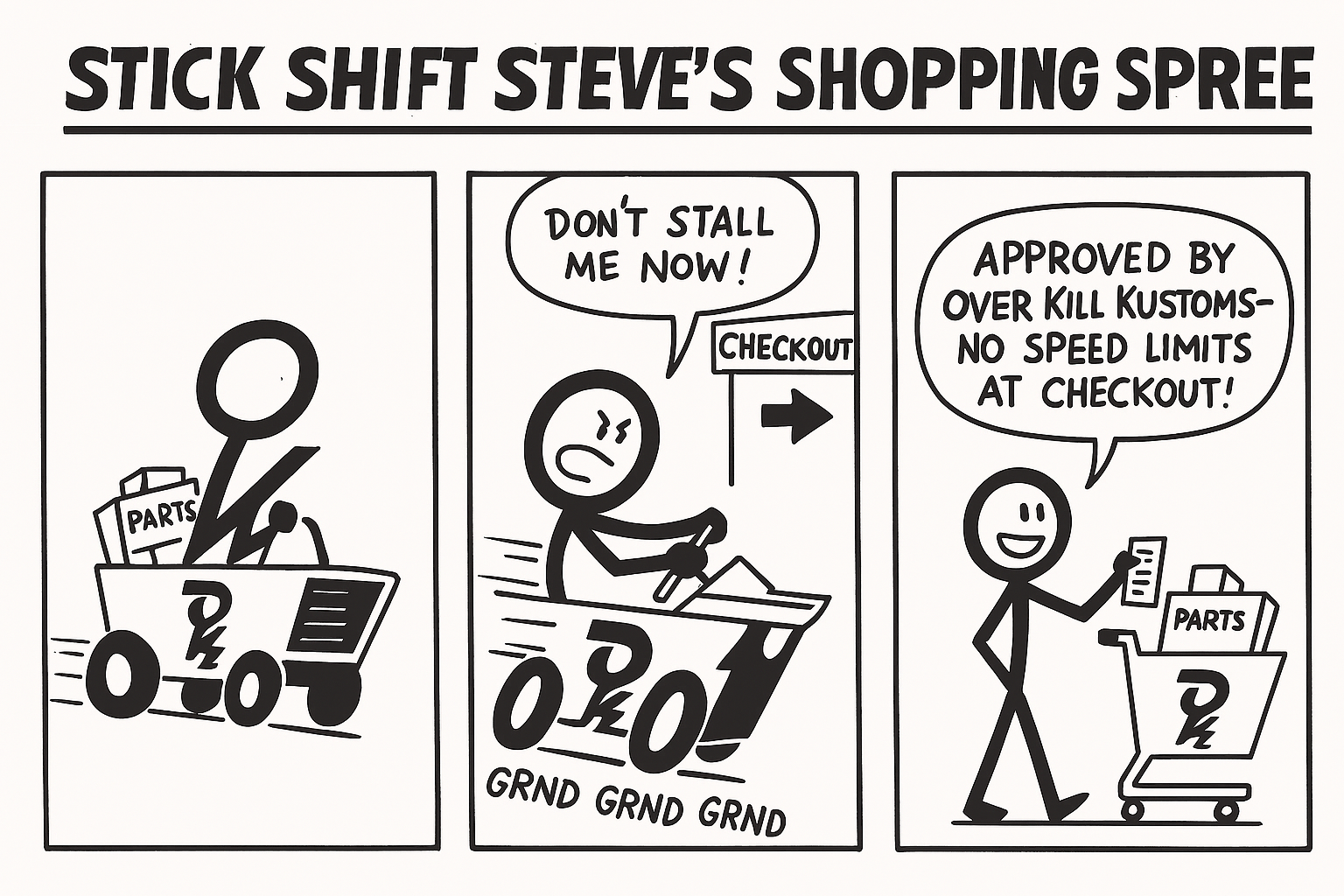 Comic strip titled "Stick Shift Steve's Shopping Spree" with three panels. Panel 1 shows Steve in a shopping cart filled with parts, looking overwhelmed. Panel 2 shows Steve urging not to stall him now while riding in the cart, next to a checkout sign. Panel 3 shows Steve happily showing a receipt, claiming approval by Over Kill Kustoms with no speed limits at checkout.