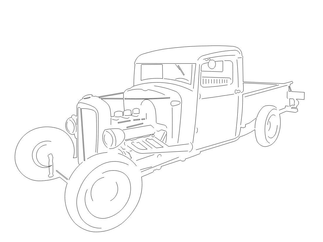 Line drawing of an old-fashioned pickup truck with a spare tire mounted on the front left side.