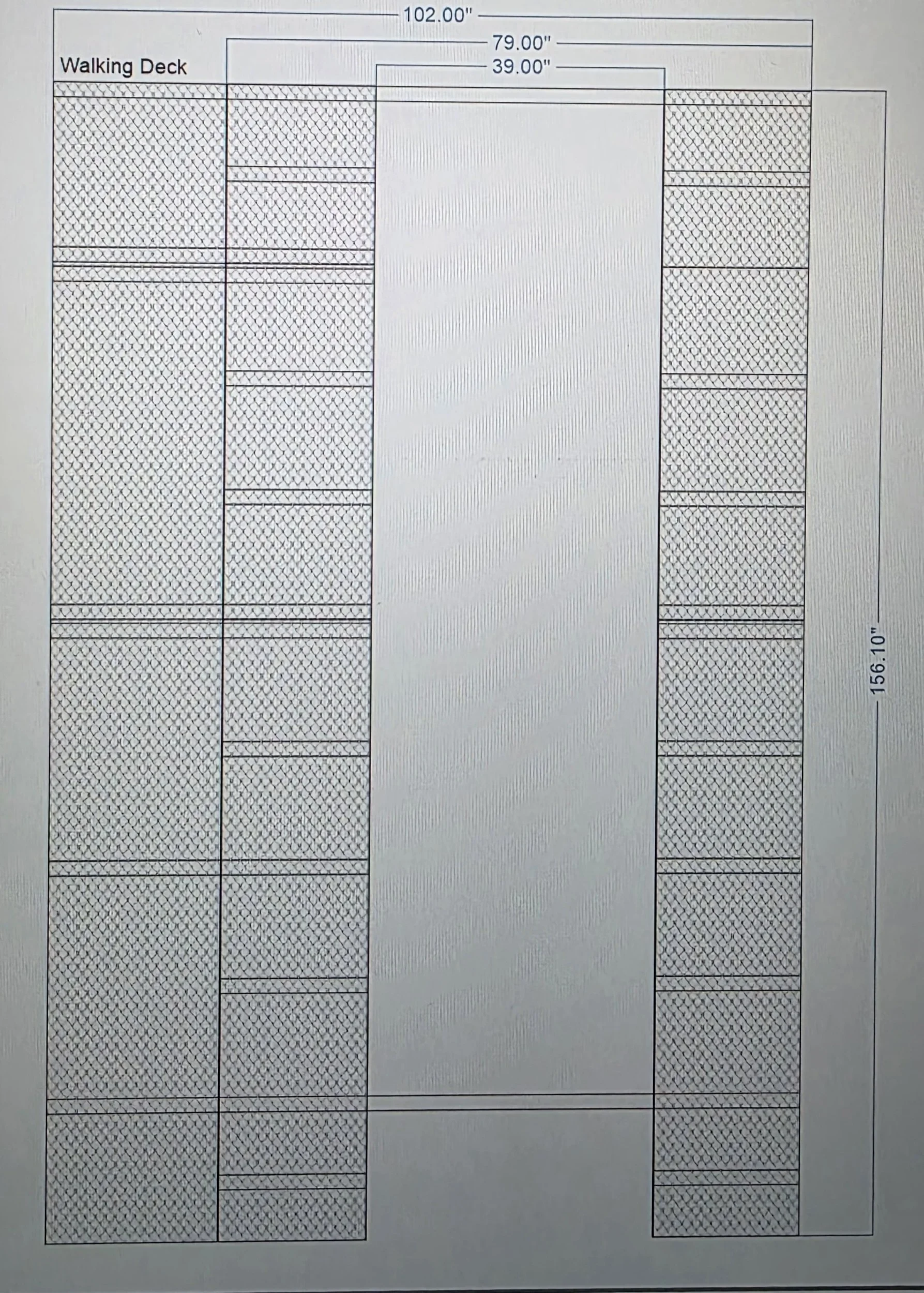 A detailed architectural or construction plan with measurements, showing a layout labeled 'Walking Deck' with a large rectangular area measuring 156.10 inches in height. The plan includes a series of shaded sections on either side of the central area, with dimensions marked as 102 inches, 79 inches, and 39 inches at the top of the plan.