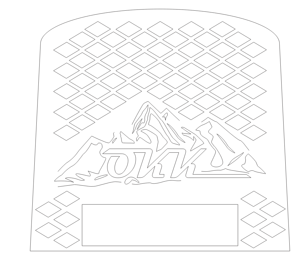 Outline of a snowboard with a mountain and the words 'Love' and 'Snow' on it, surrounded by a diamond pattern.