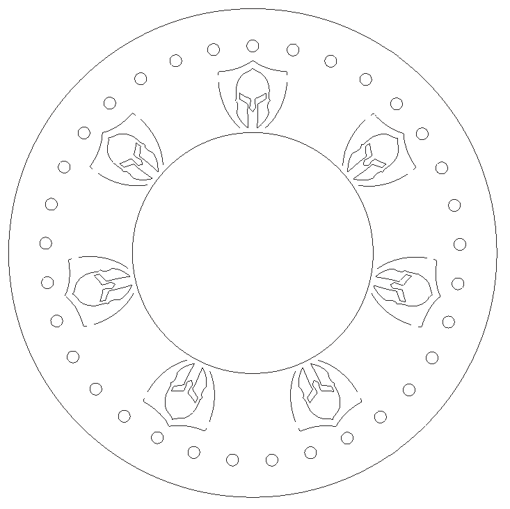 Line drawing of a circular design featuring six stylized helmeted faces evenly spaced around a larger circle, with smaller dots arranged between them.
