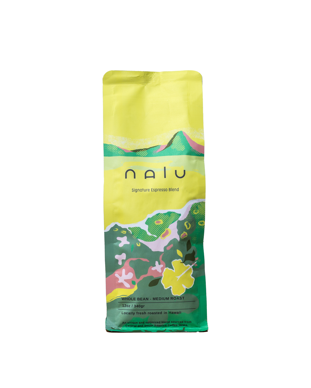 Bright yellow coffee bag with colorful mountain and plant illustrations, labeled 'nalù' Starbucks Signature Espresso Blend, Whole Bean, Medium Roast, 12oz, locally roasted in Hawaii.