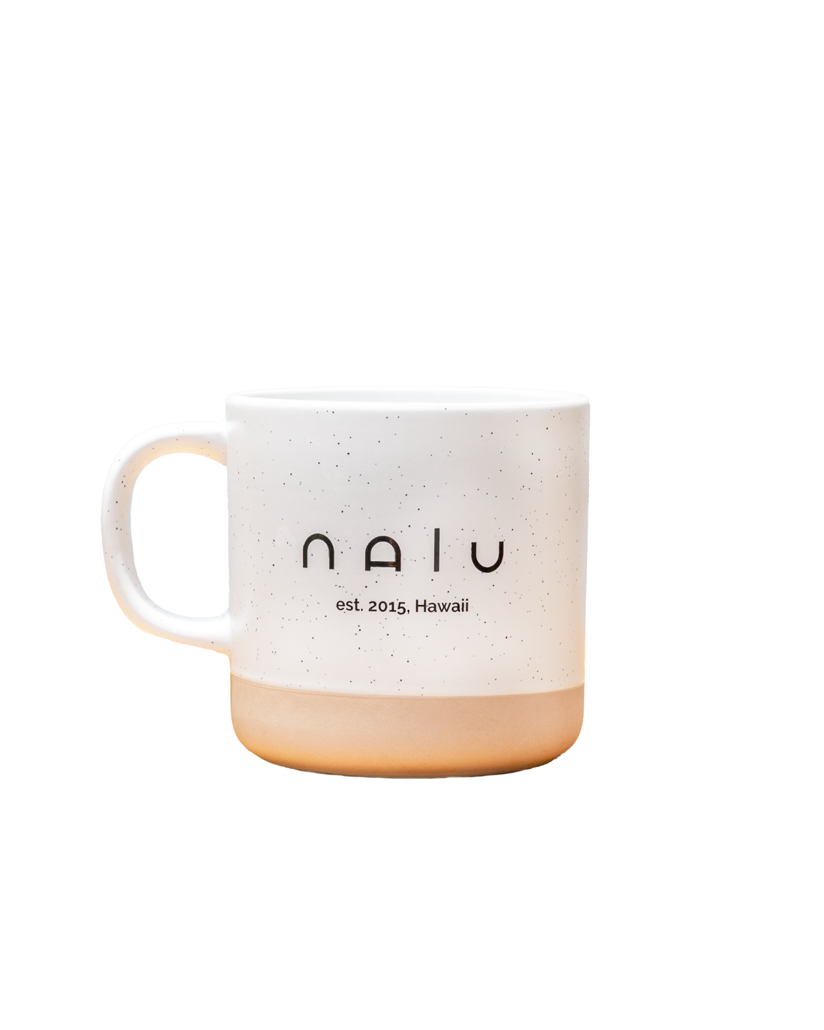 White ceramic mug with black speckles, displaying the text 'Nalu, est. 2015, Hawaii' in black letters, with a beige bottom edge.
