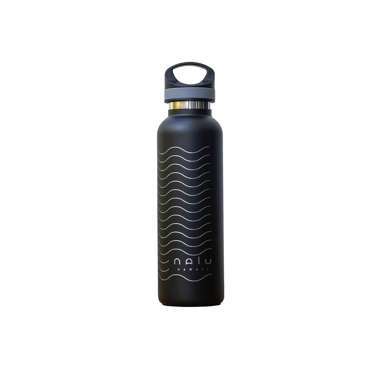 Black water bottle with white wavy line design and the words 'NAIU Hawaii' on it