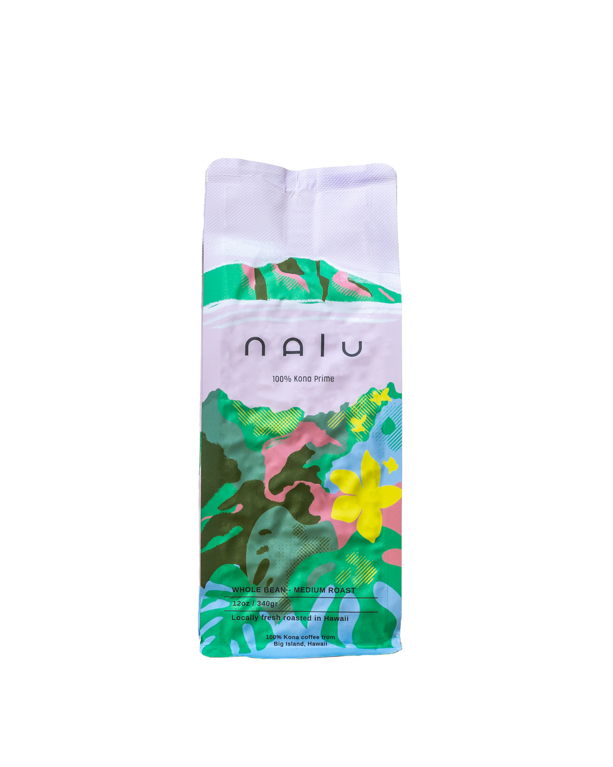 Packaged whole bean medium roast coffee labeled 'Naic', sourced from Hawaii, with colorful floral and tropical design.
