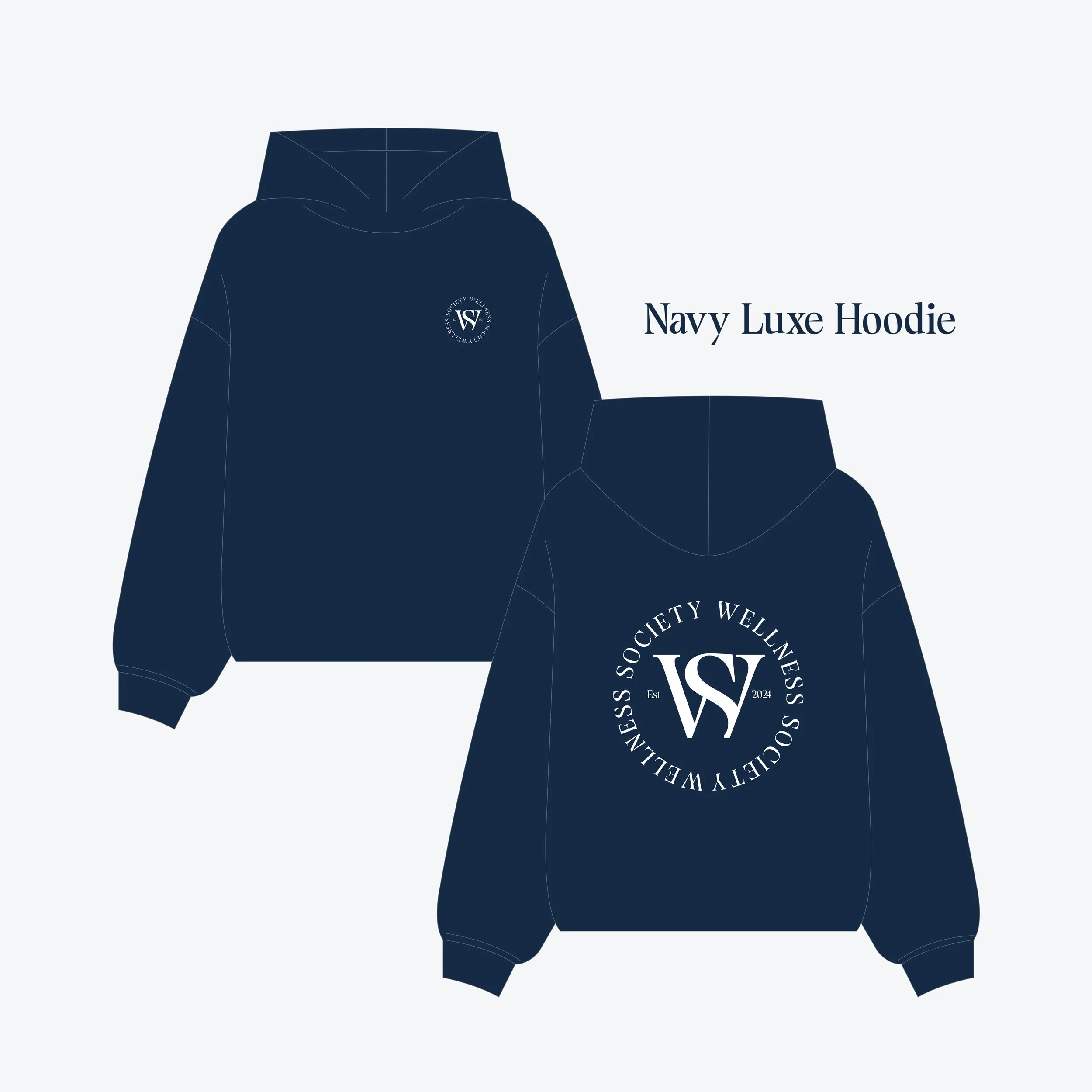 Digital illustration of a navy blue hoodie with the words "Navy Luxe Hoodie" and a circular logo reading "Wellness Society" and "Est 2024" on the front and back.