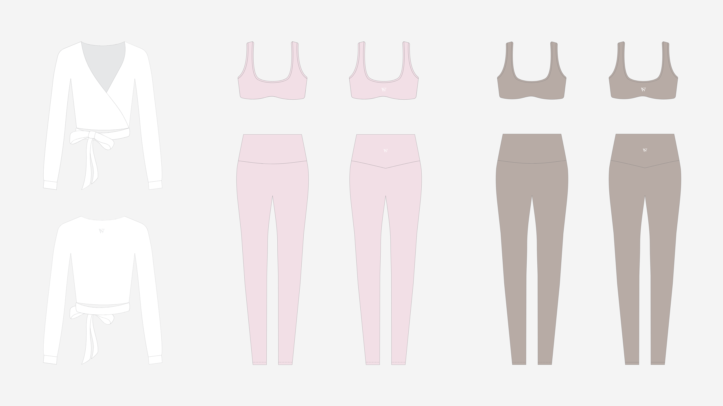 Color swatches of pink and brown sports bras and leggings, with sketches of white and gray robes or jackets on either side.