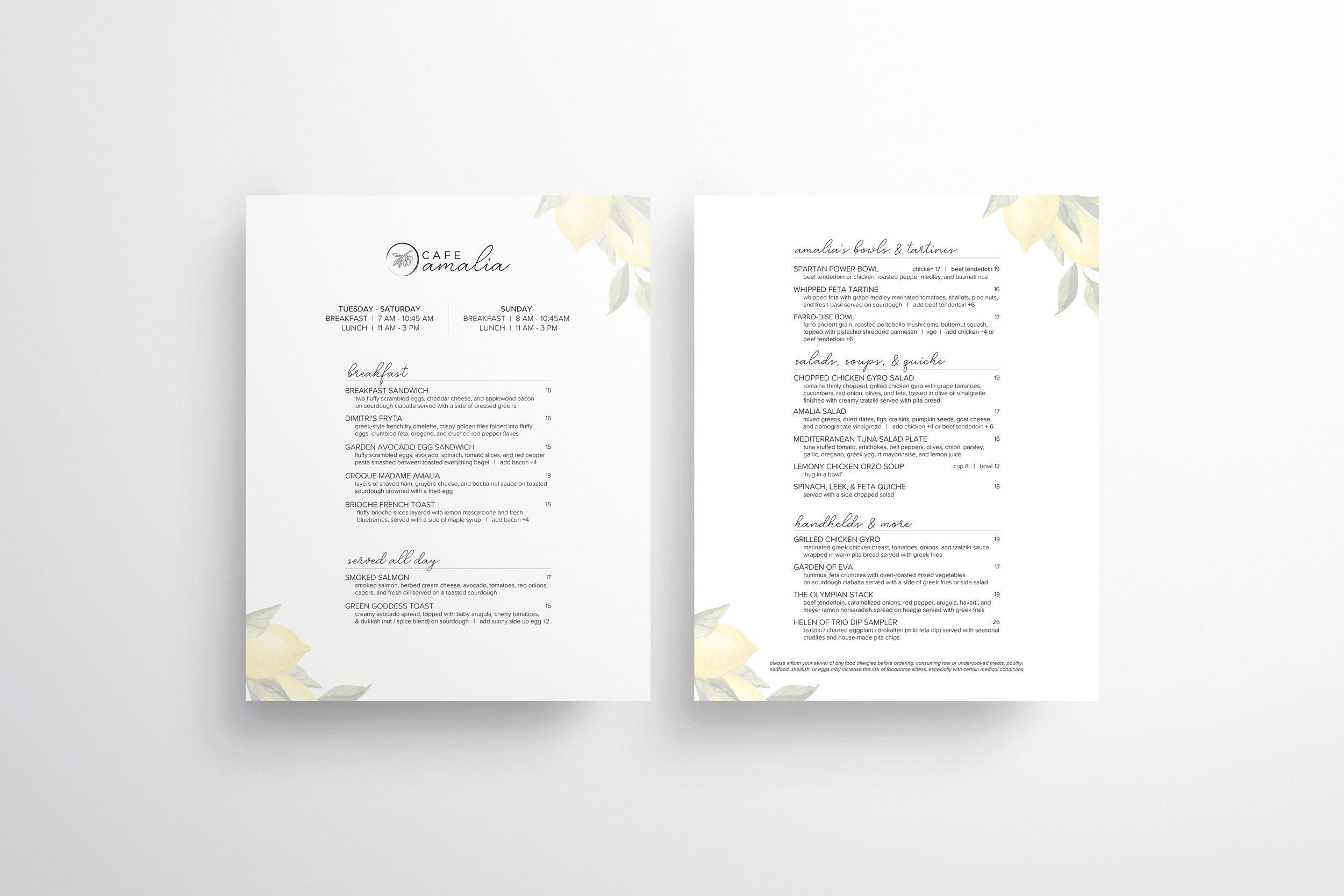 Two printed restaurant menus with lemon and leaves illustrations in the corners, displaying breakfast, lunch, and various dishes.