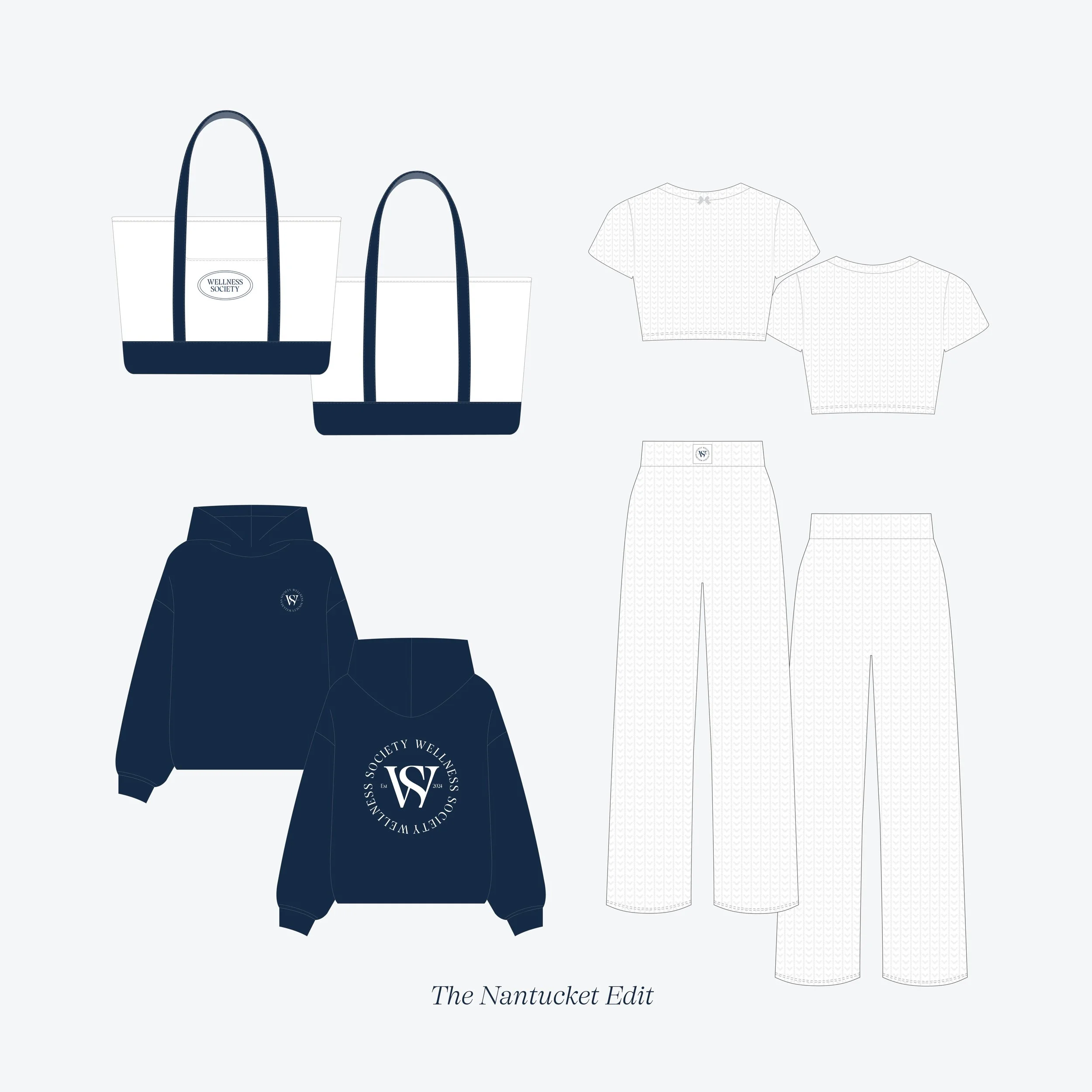 A collection of white and navy apparel and accessories with a logo that reads 'Wellness Society' and 'WS', including two tote bags, two hoodies, two shirts, and two pants, titled 'The Nantucket Edit'.