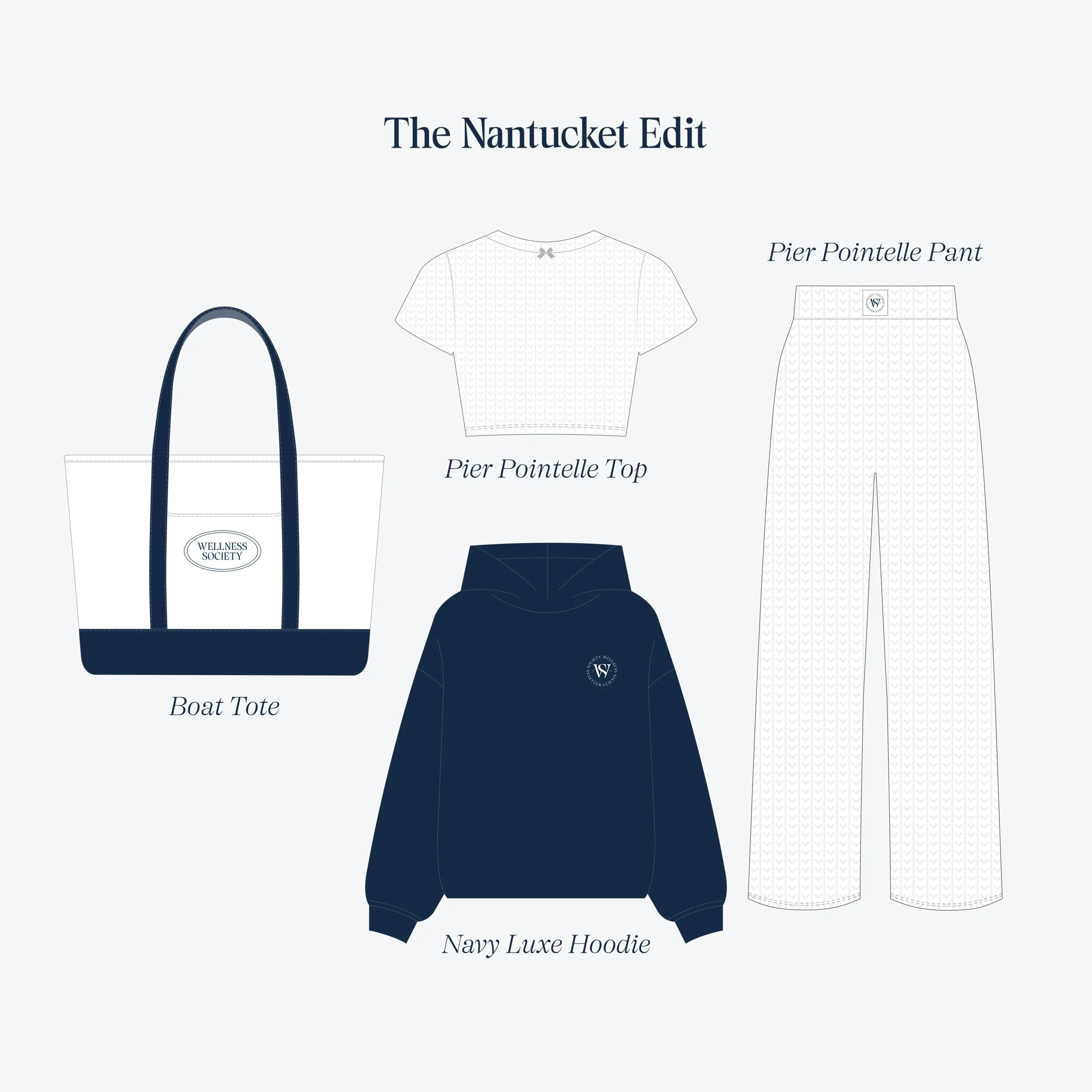 Outline of a clothing and accessories collection named 'The Nantucket Edit,' including a boat tote with navy straps and a logo, a white Pier Pointelle top, white Pier Pointelle pants, and a navy Luxe hoodie with logo.