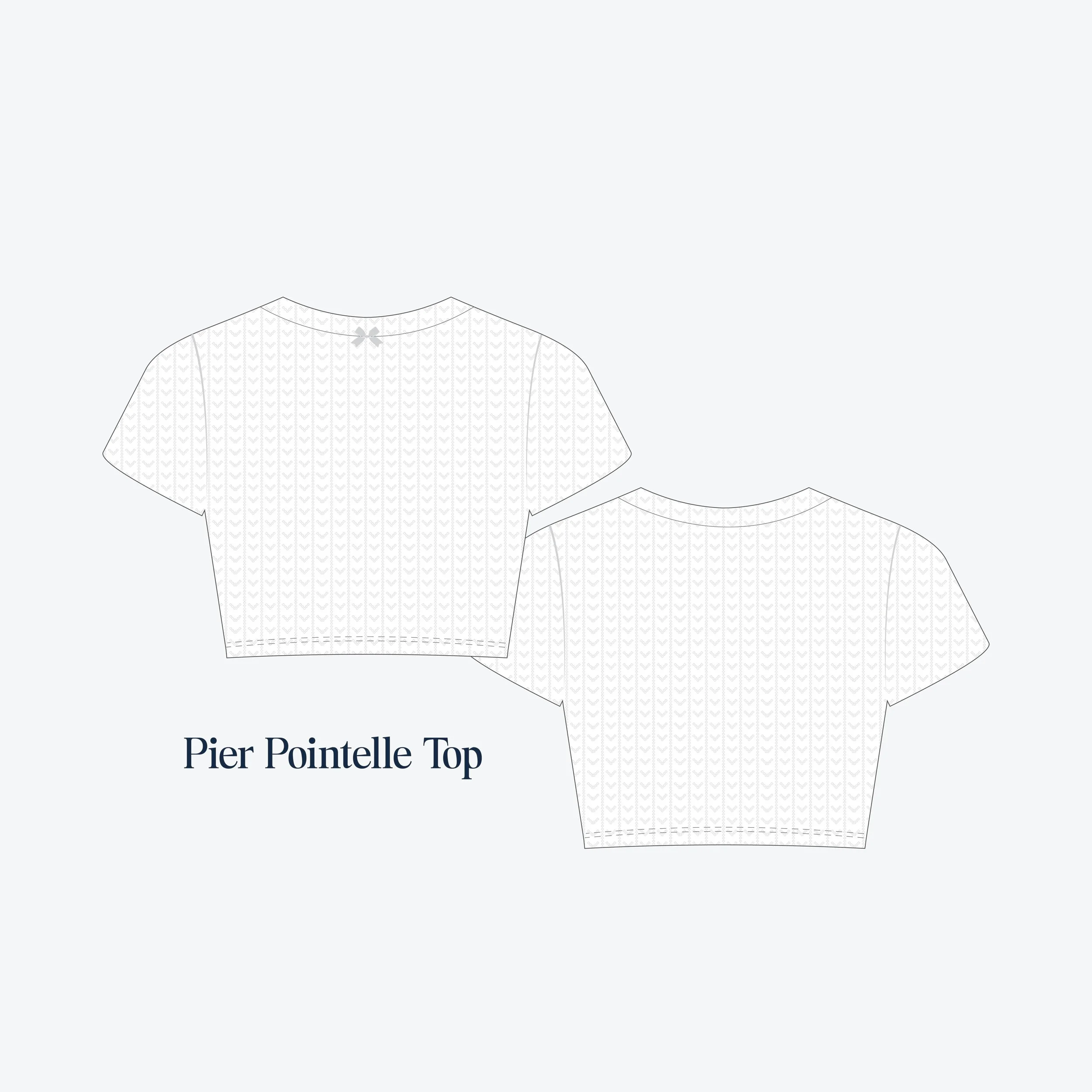 Line drawing of the front and back views of the Pier Pointelle Top, a women's short-sleeve, cropped knit top with a round neckline and a small bow detail at the back neckline, with the text 'Pier Pointelle Top' below.
