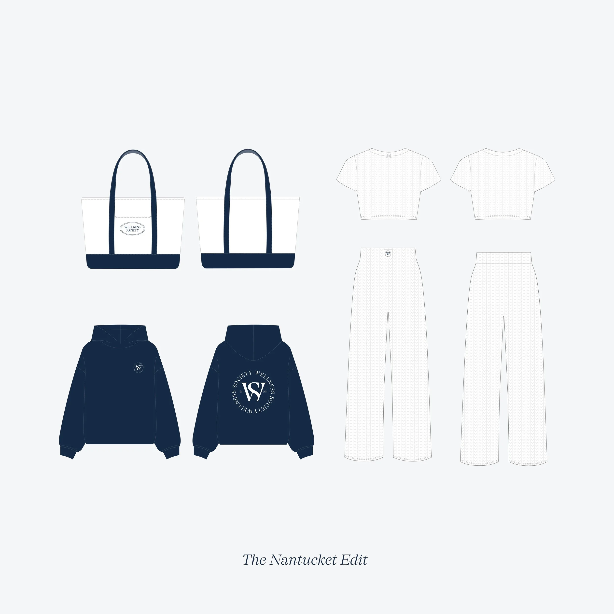 Design sketches of a navy blue and white retail clothing and accessories set, including a tote bag, hoodie, t-shirt, and wide-leg pants, with branding and logo accents.