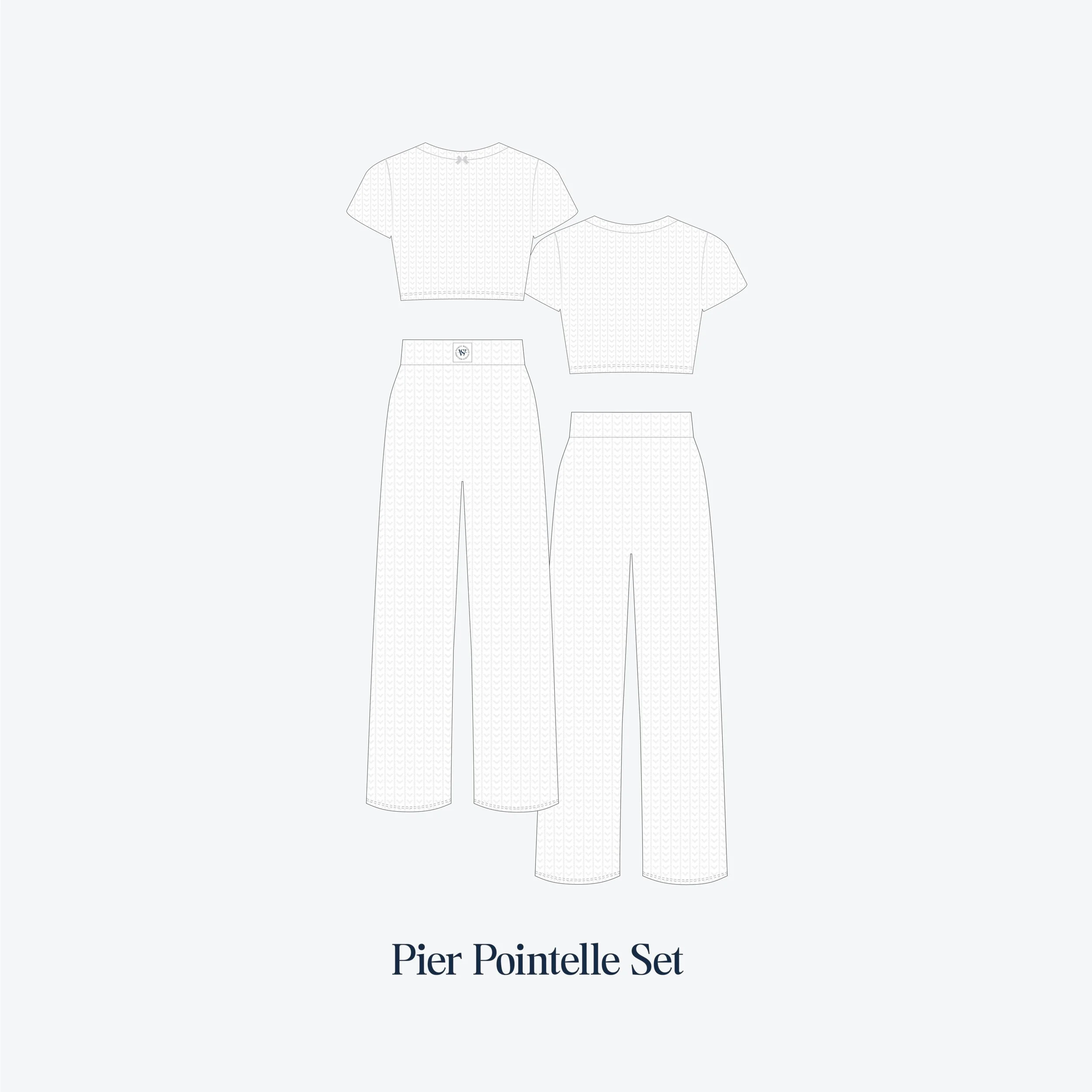 Line drawing of a two-piece set including a crop top and high-waisted wide-leg pants, both with a subtle pattern. The set is labeled 'Pier Pointelle Set'.