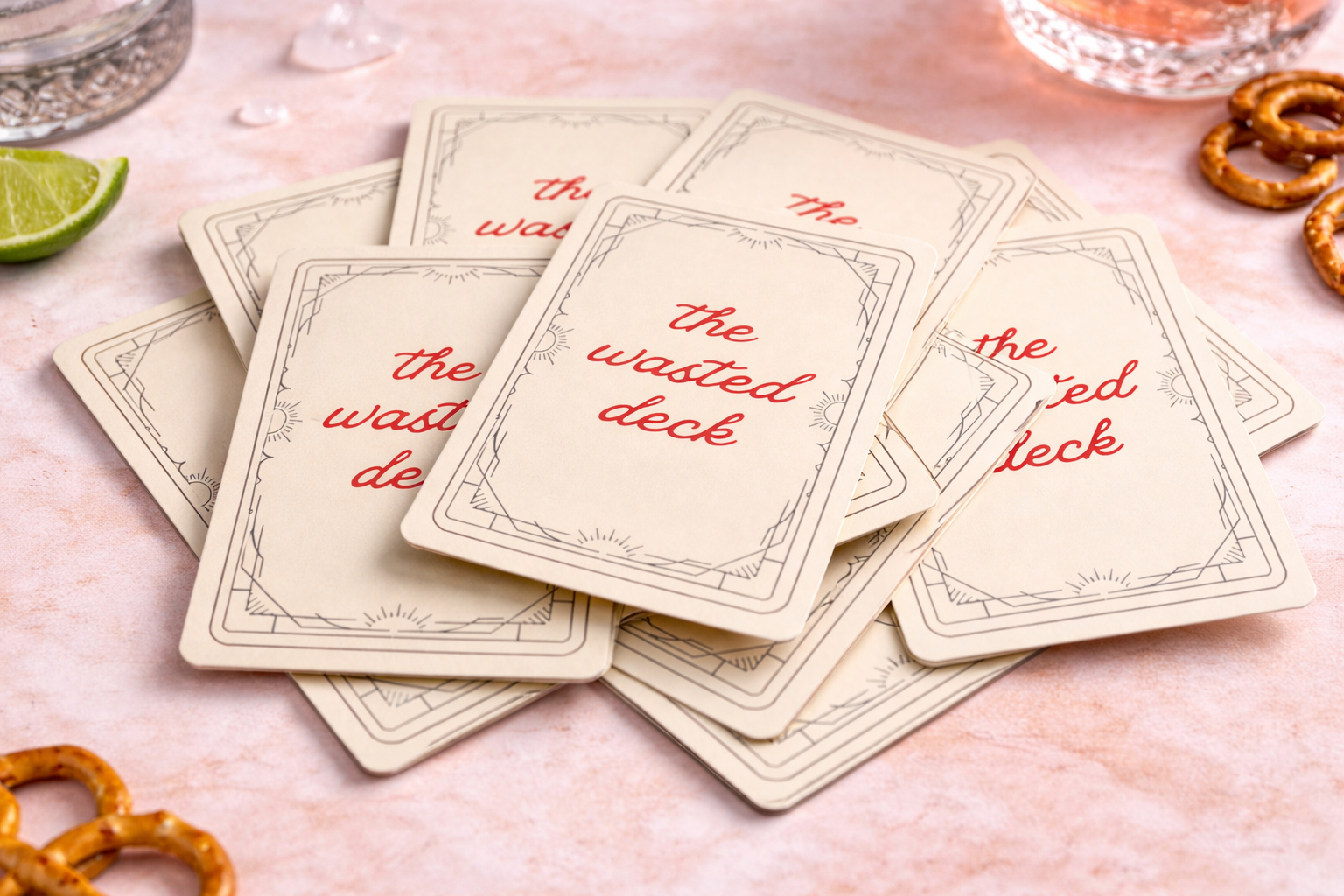 Cards with the title 'the wasted deck' scattered on a pink surface, with a lime wedge, pretzels, and glassware nearby.
