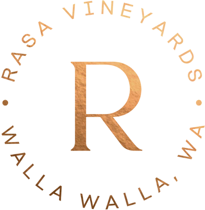 Logo with a large letter 'R' in the center, surrounded by the text 'RASA VINEYARDS' at the top and 'WALLA WALLA, WA' at the bottom in a circular arrangement.