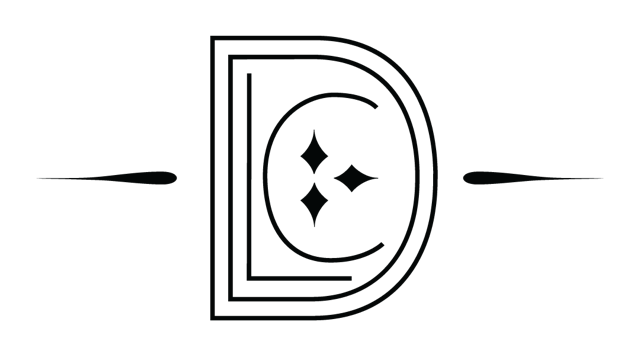 Black background with a stylized logo featuring a large letter 'D' with a smaller "D" inside that, and an "L" and "C" stacked within that. Inside these letters are three sparkle shapes, and horizontal lines extending from both sides of the circle.