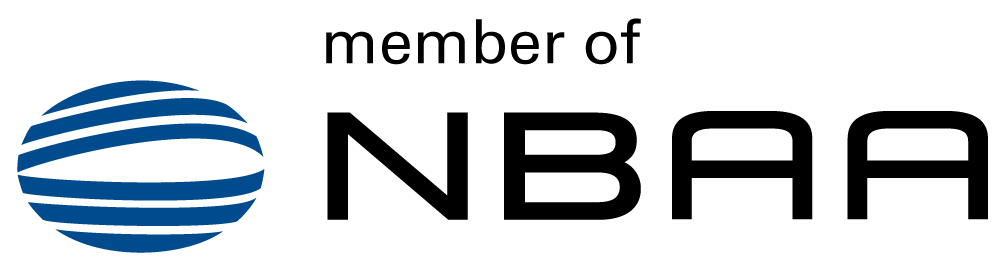 Logo of NBAA, with a blue globe icon and the text 'member of NBAA'.