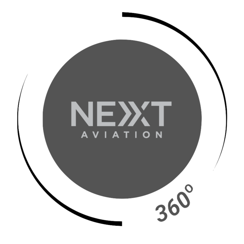 Next Aviation logo surrounded by a 360-degree rotation graphic.