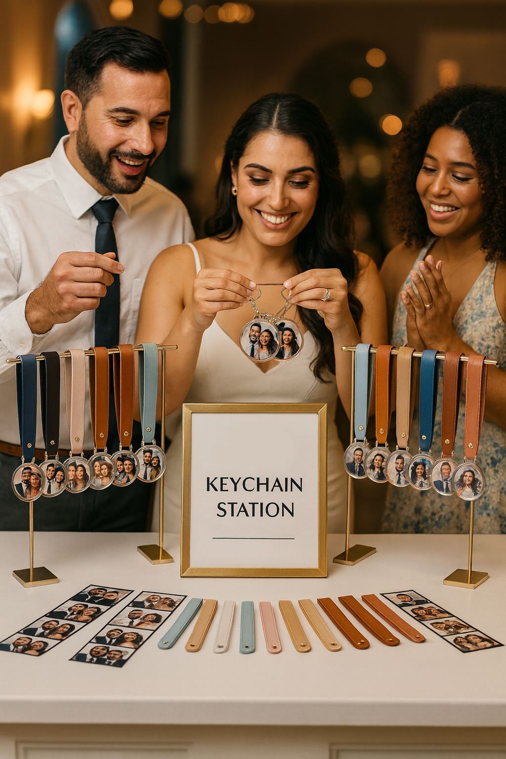 Three people shopping for personalized keychains at a keychain station, with a selection of leather straps and photo keychains displayed on the table.