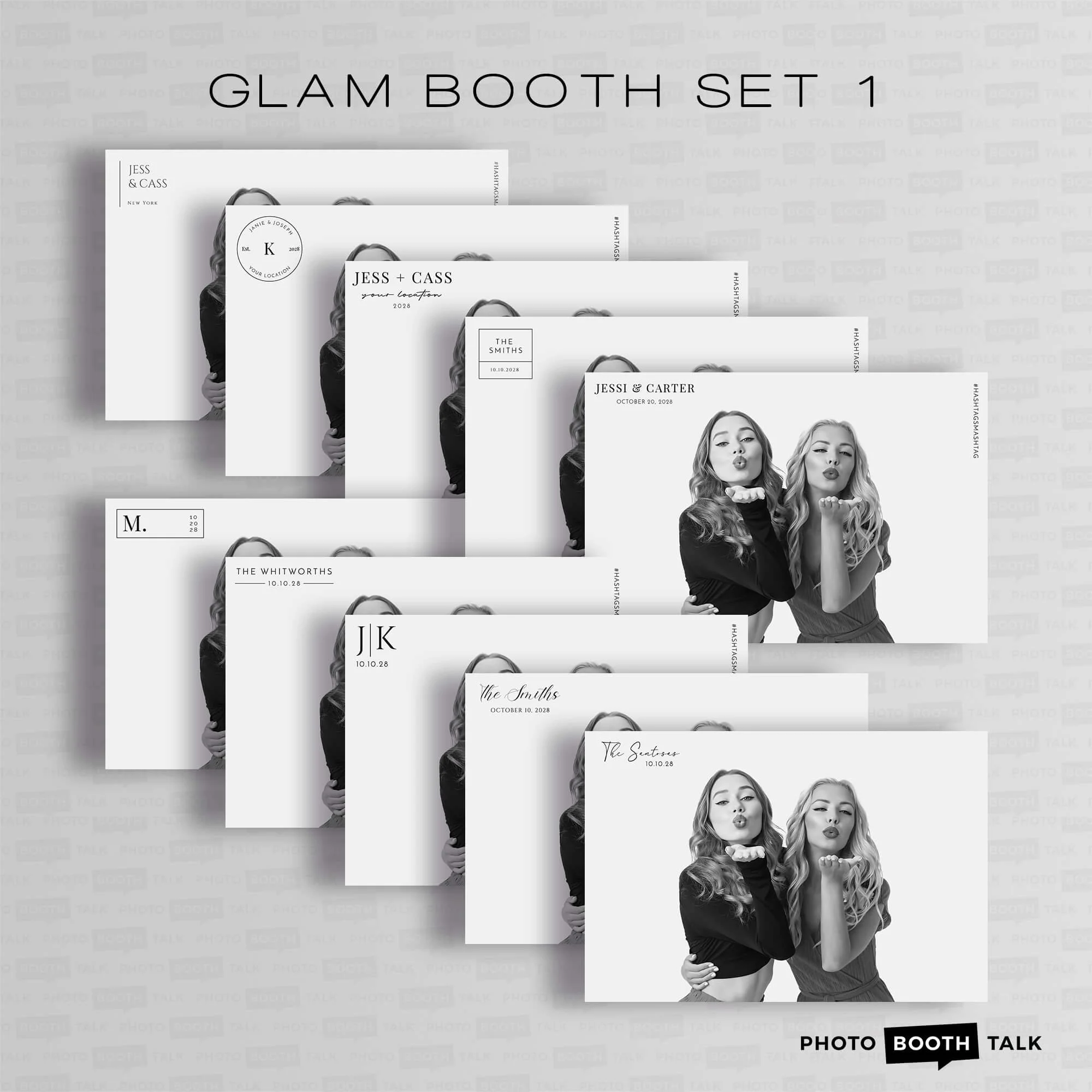 Set of black and white photo booth printouts featuring two young women blowing kisses. The prints include event details and various stylized fonts, with the words "Glam Booth Set 1" at the top.