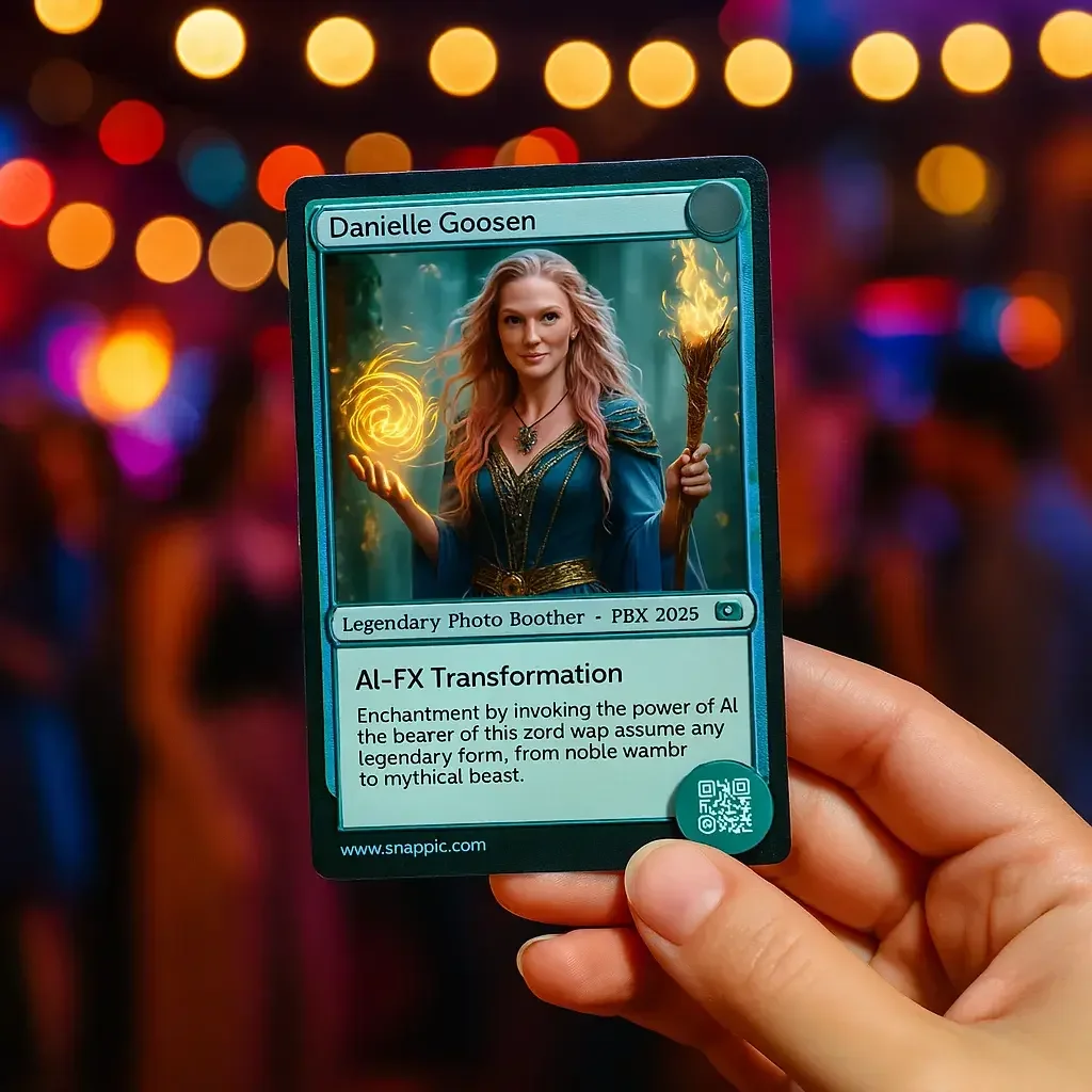A trading card featuring a woman with long, wavy blonde hair holding a glowing staff in a fantasy setting, with the name Danielle Goosen and the title AI-FX Transformation.