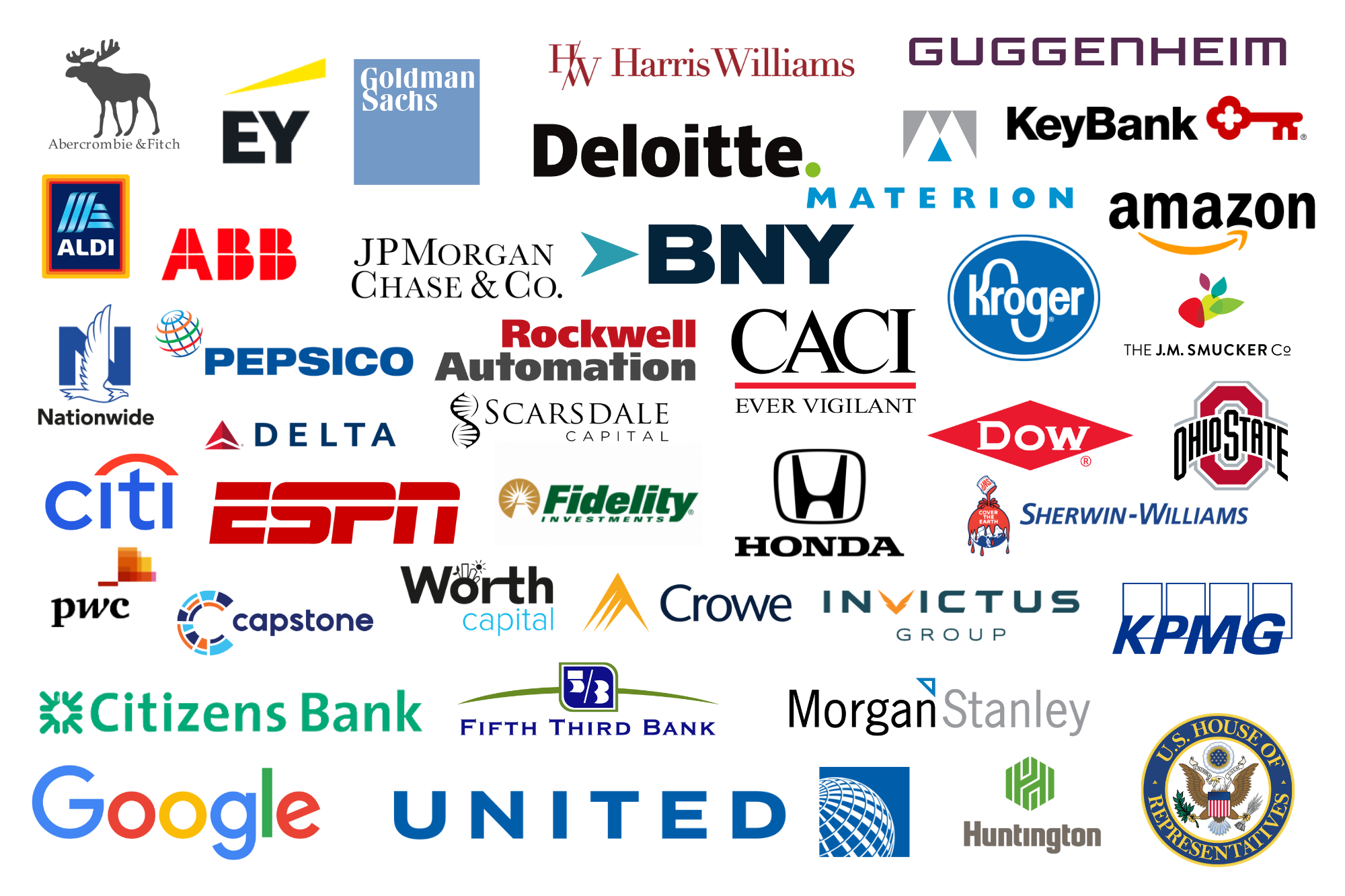 A collage of logos from various companies, organizations, and institutions including Google, United Airlines, U.S. House of Representatives, and multiple corporate brands such as PepsiCo, Honda, Kroger, Amazon, and Citi.