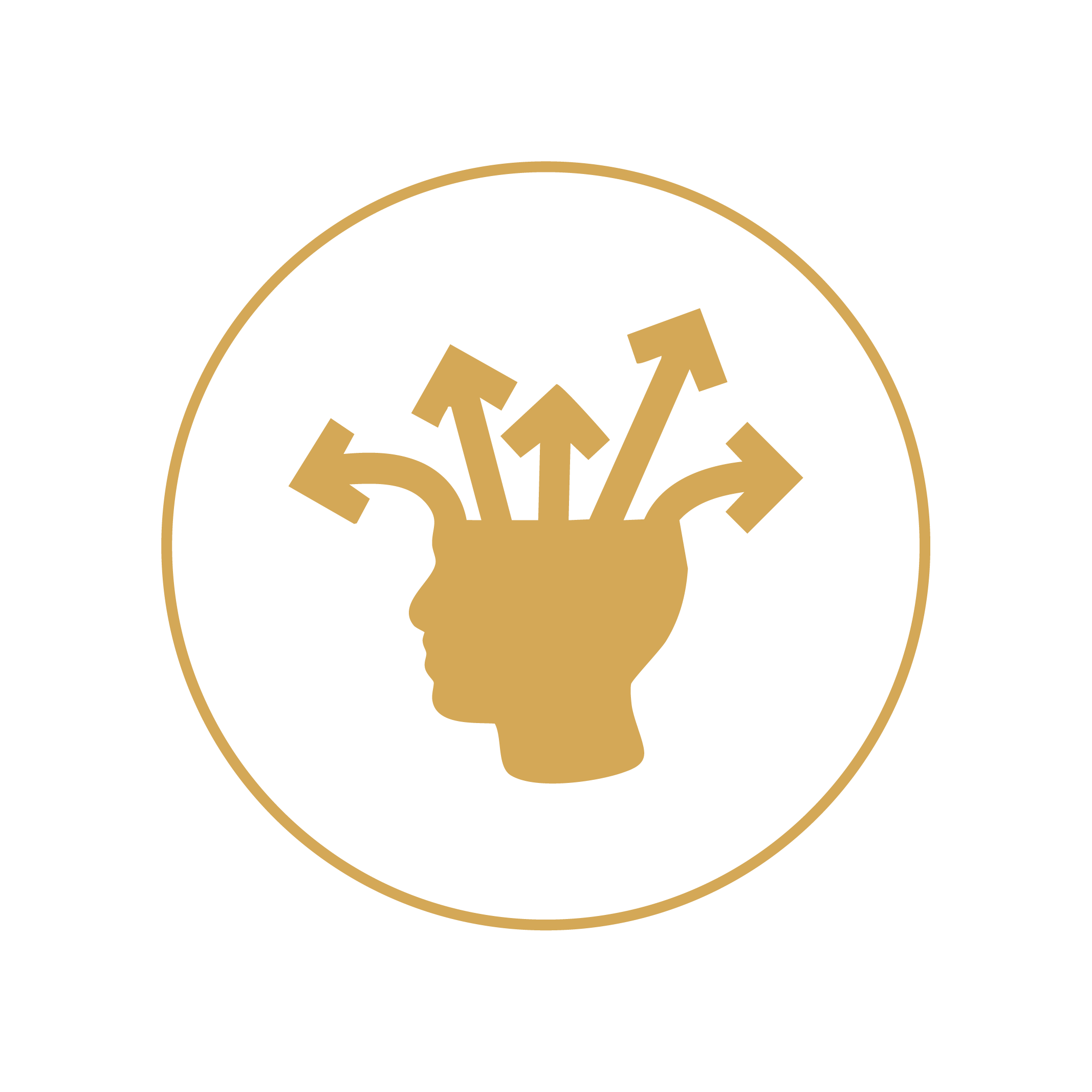 Gold silhouette of a human head with arrows pointing outward from the brain area, inside a black circle with an outer gold border.