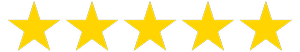 Five gold stars in a horizontal row against a transparent background.