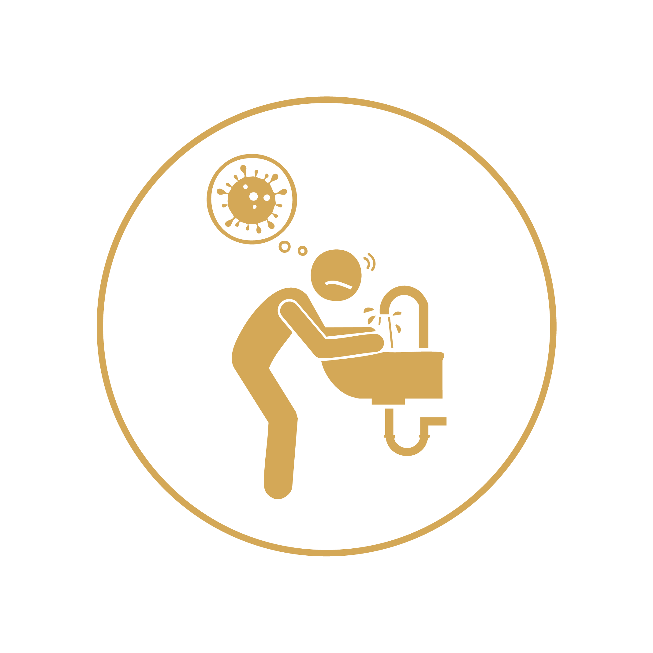 Illustration of a person sick and washing hands at a sink, with a thought bubble showing a virus.