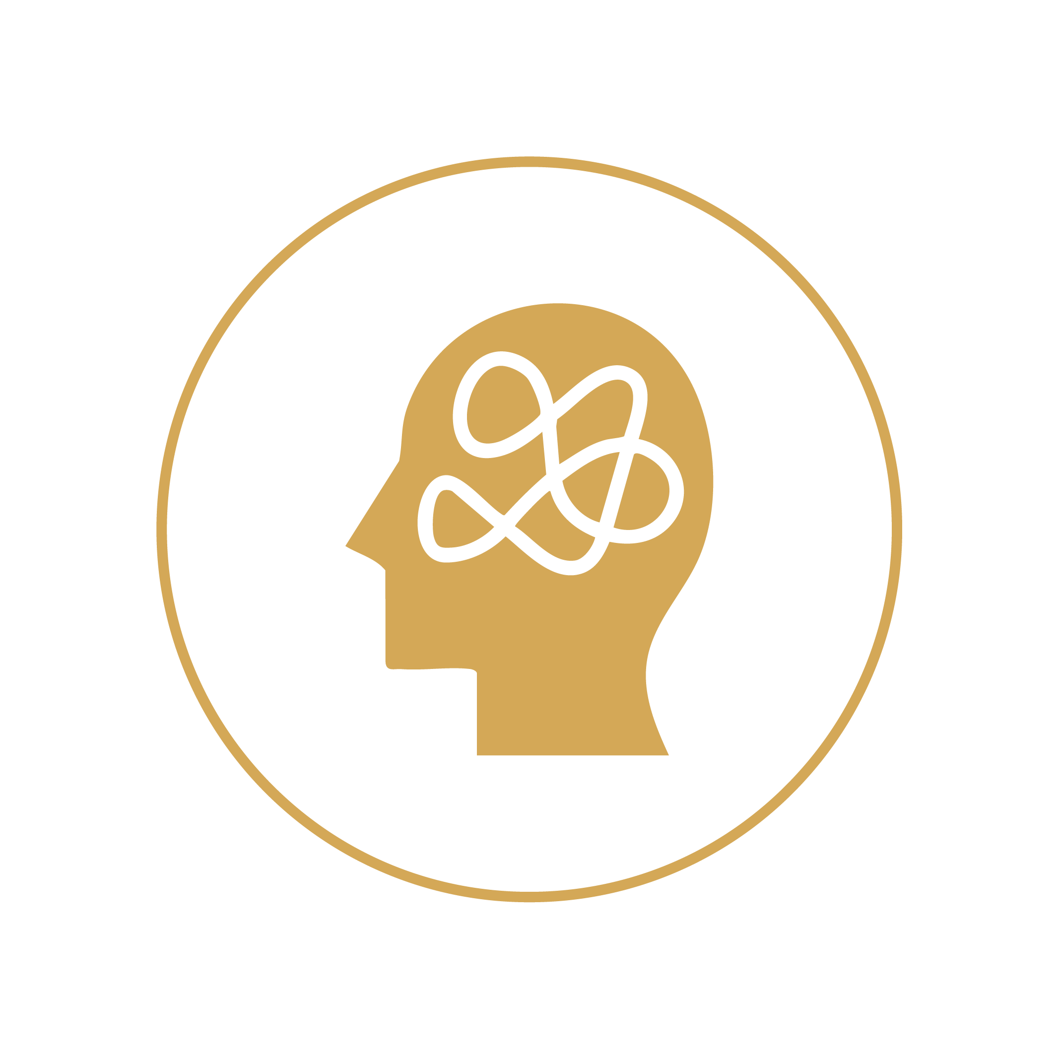 A stylized gold human head outline with an abstract tangled black line inside. The image has a black background and a gold circular border.