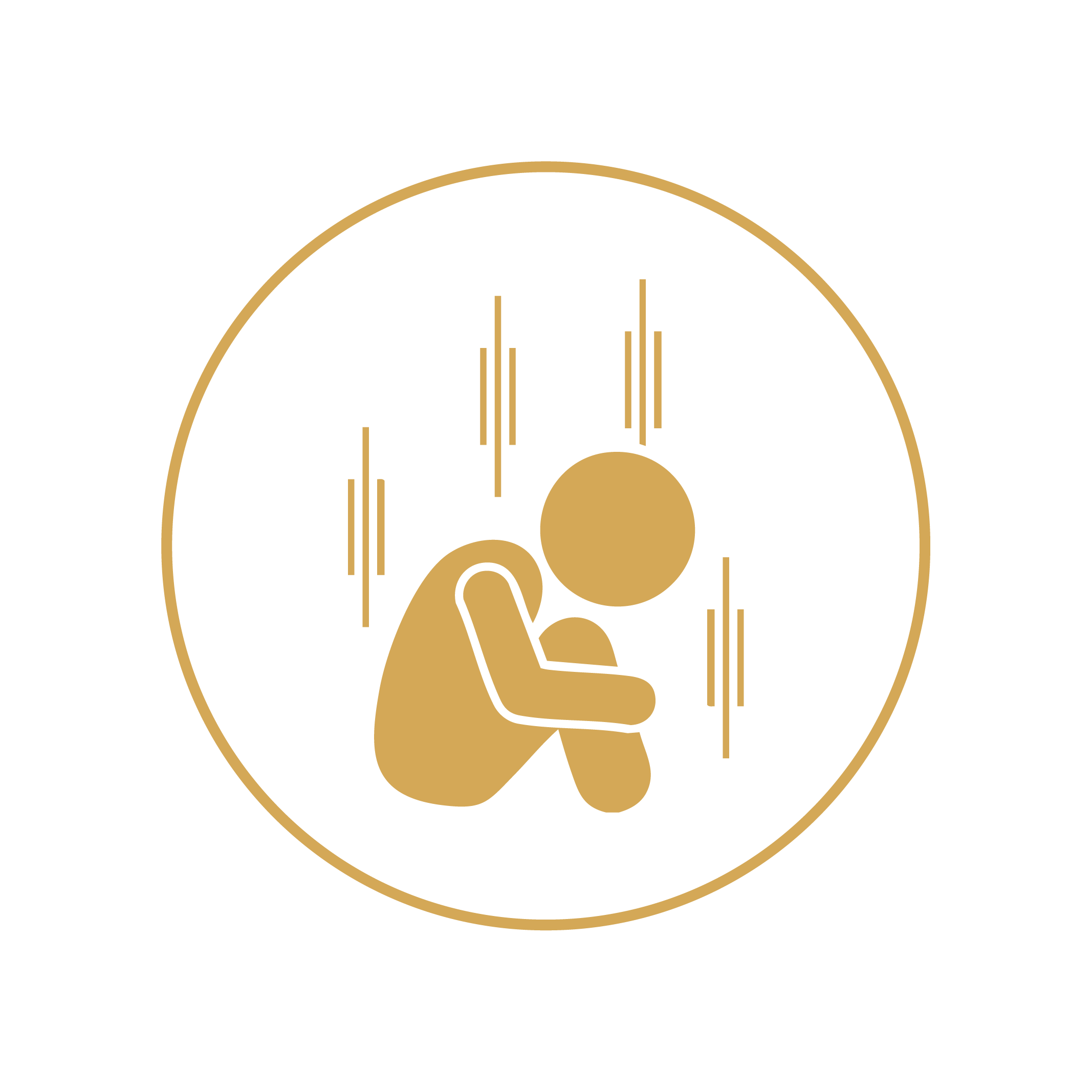 A minimalist icon showing a person sitting with knees pulled up, head bowed, with lines around to suggest distress or sadness, all in gold on a black background.