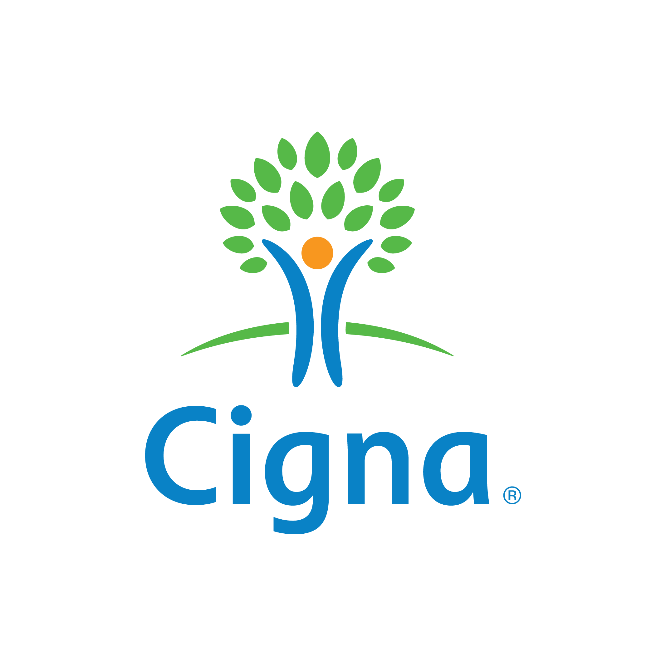 Cigna logo featuring a stylized tree with green leaves, an orange circle, and a blue figure, with the word 'Cigna' in blue text below.