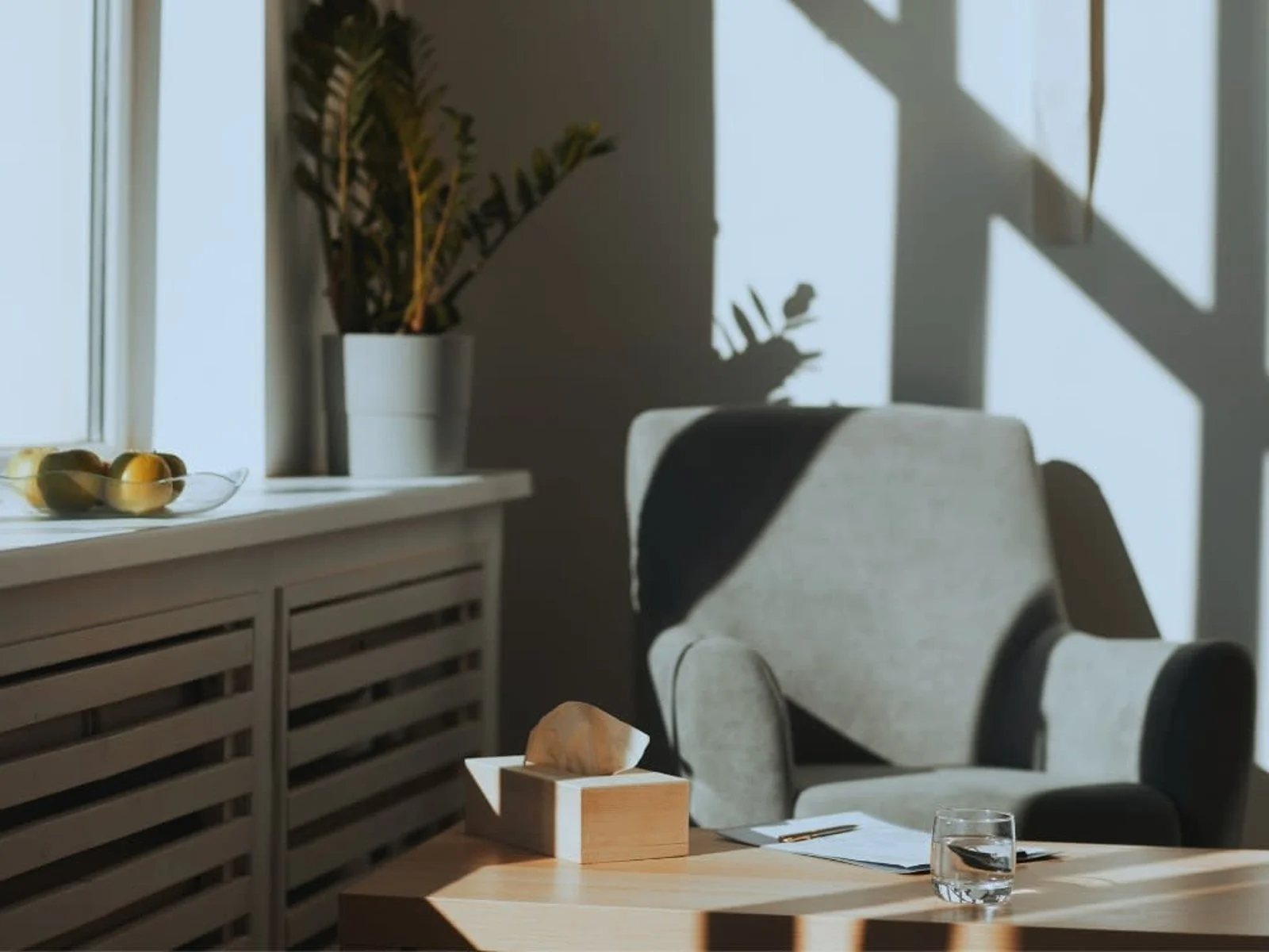 A cozy corner in a room with sunlight streaming through a window, casting shadows on a beige armchair, with a potted plant on a windowsill, a bowl of lemons, a tissue box, a glass of water, and a notebook on a wooden table.