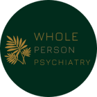 Logo of Whole Person Psychiatry with a gold floral design on a dark green background.