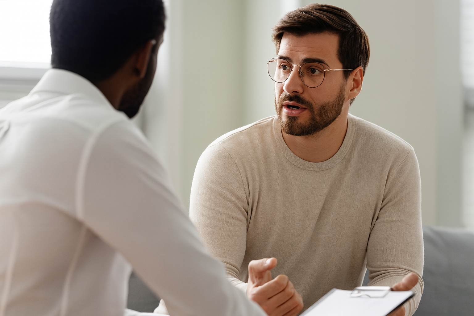 Two men having a serious conversation in a bright, modern office. One man is holding a clipboard and gesturing as he speaks, while the other listens attentively.
