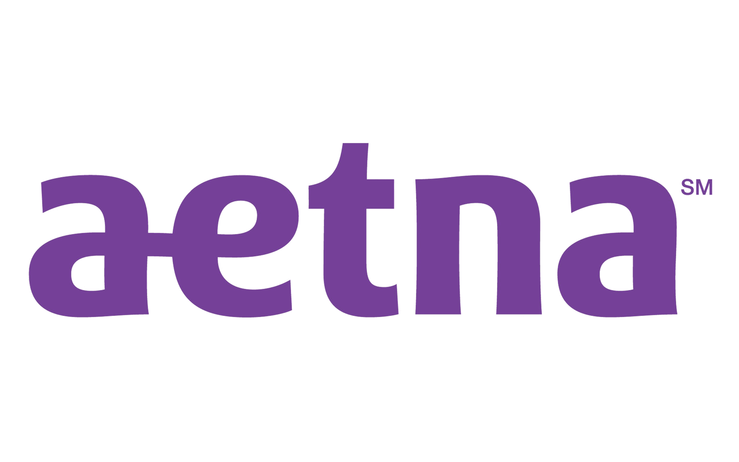 The logo of Aetna, a health insurance company, featuring the company's name in lowercase purple letters on a black background.