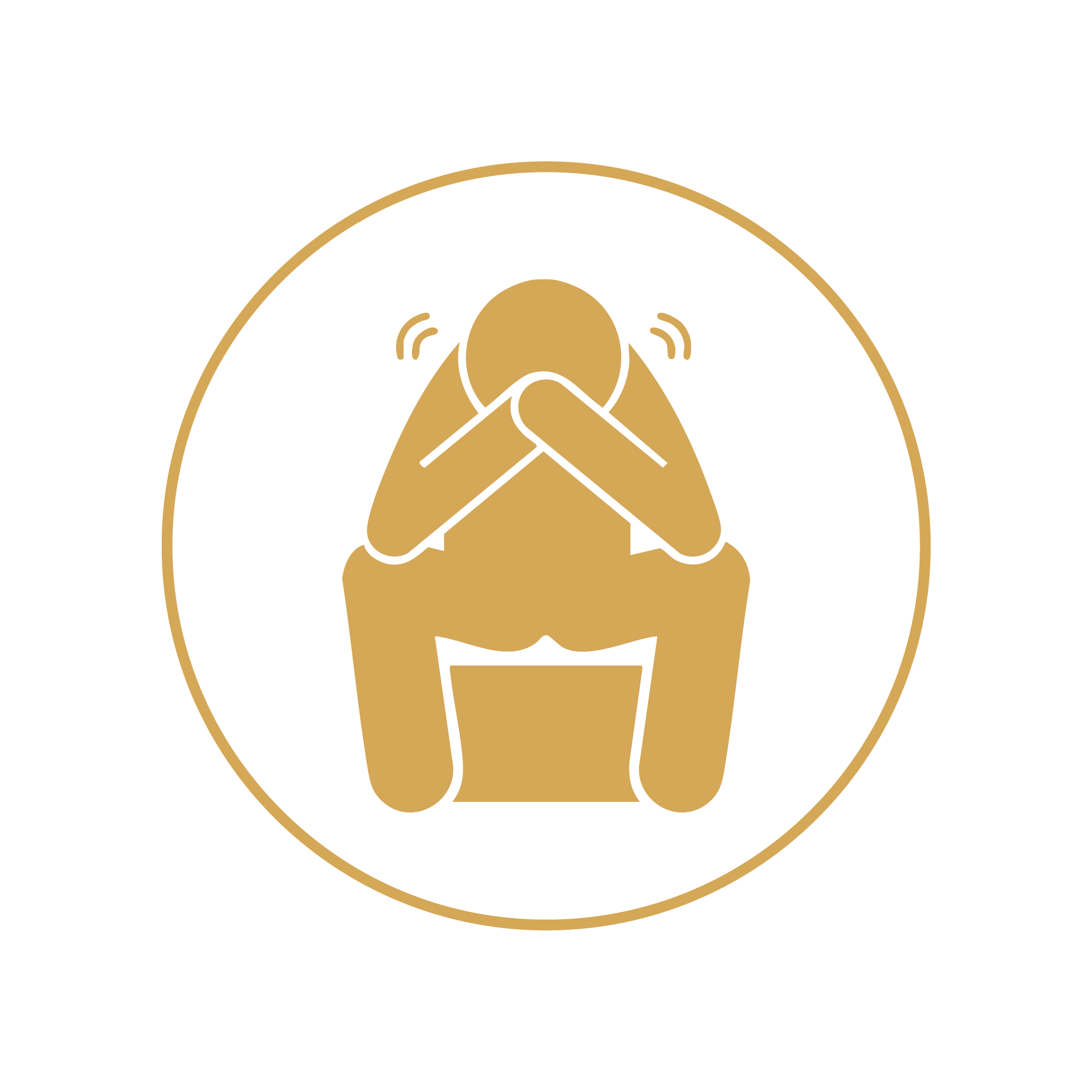 A gold-colored icon of a person kneeling with their head bowed and hands covering their face, surrounded by a gold circle, on a black background.