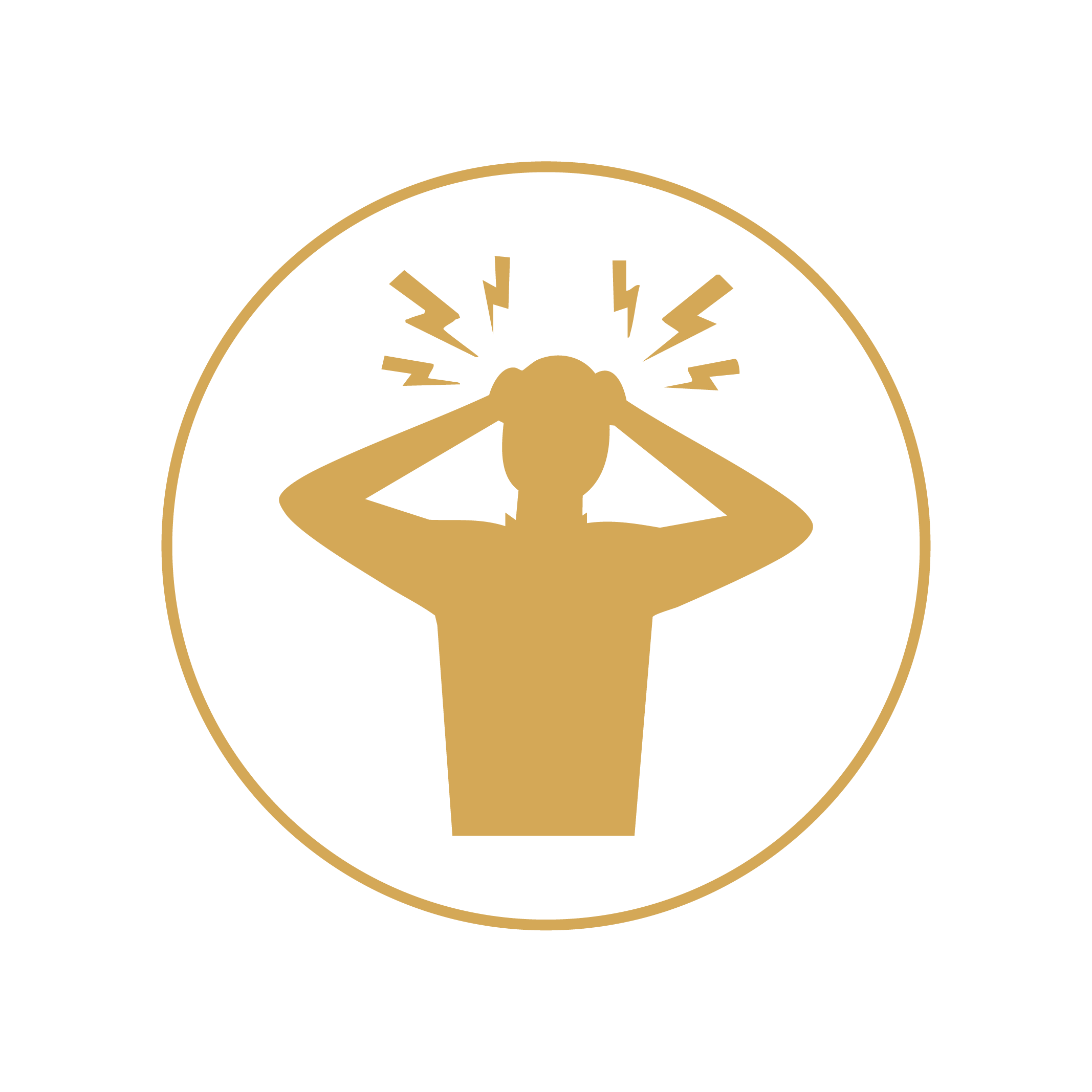 A stylized graphic of a person holding their head with both hands, with lightning bolts around the head, inside a circular border, indicating headache or stress.