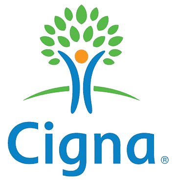 A stylized logo featuring a tree with green leaves and a person with blue arms raised above the name 'Cigna' in blue text.