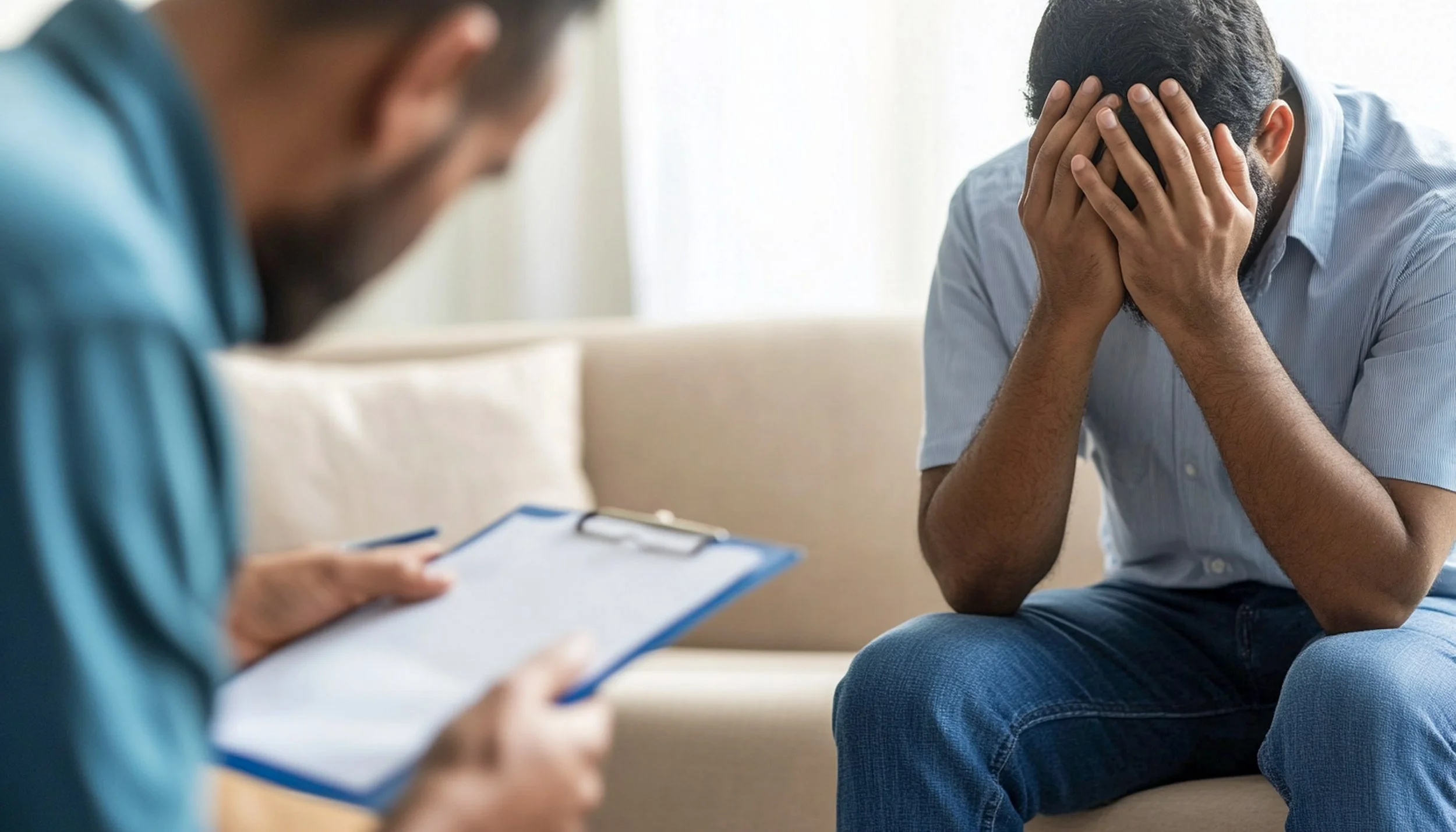 A man sitting on a couch holding his head with both hands, appearing distressed. A healthcare professional sitting across from him holding a clipboard, listening attentively.