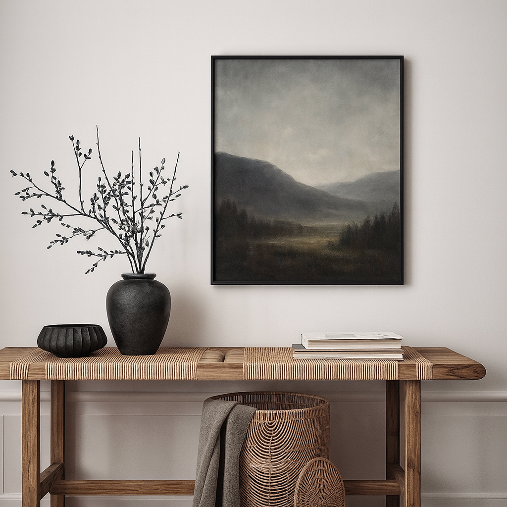 Decorative interior scene with a wooden console table, black vase with branches, black bowl, stack of magazines, and a wicker basket with a cloth draped over the side, against a white wall with framed landscape painting.