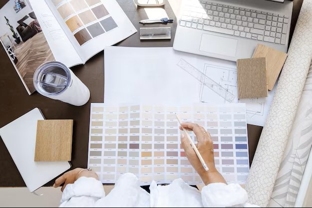 A workspace with color swatches, a laptop, a water bottle, a ruler, a sketchbook, and architectural drawings.