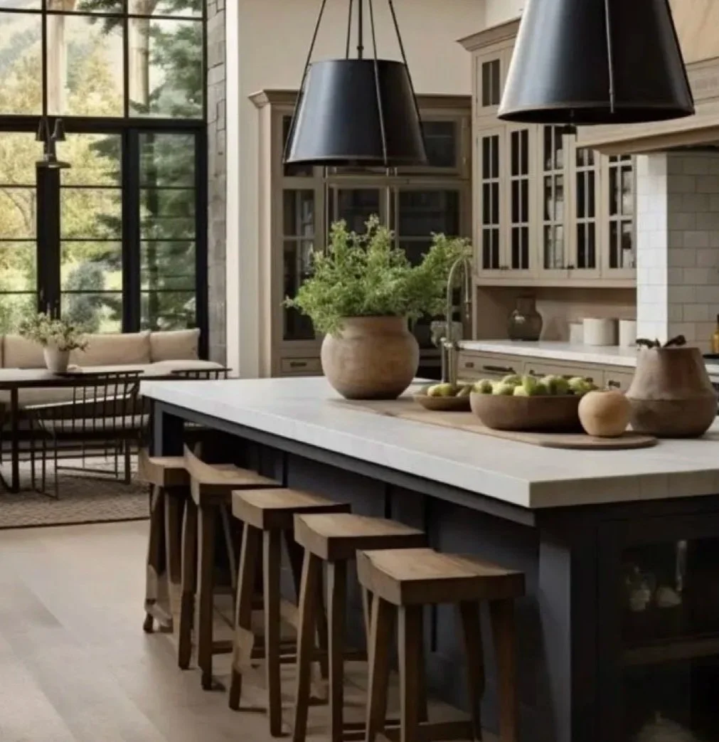 Modern kitchen with a large island, black pendant lights, wooden stools, and a window with a view of trees.
