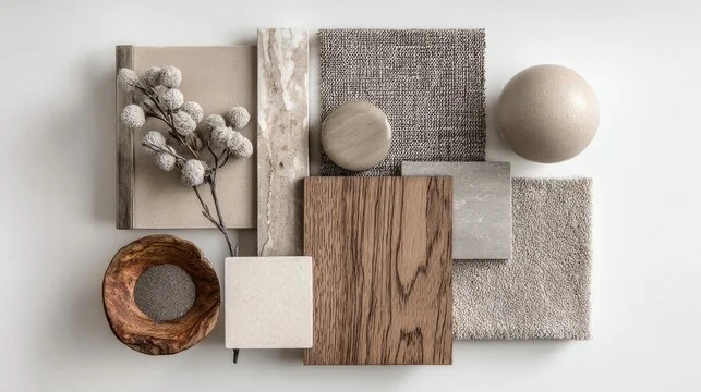 Arrangement of various building and decor materials, including wood, fabric, stone, and ceramic samples, displayed on a white background.