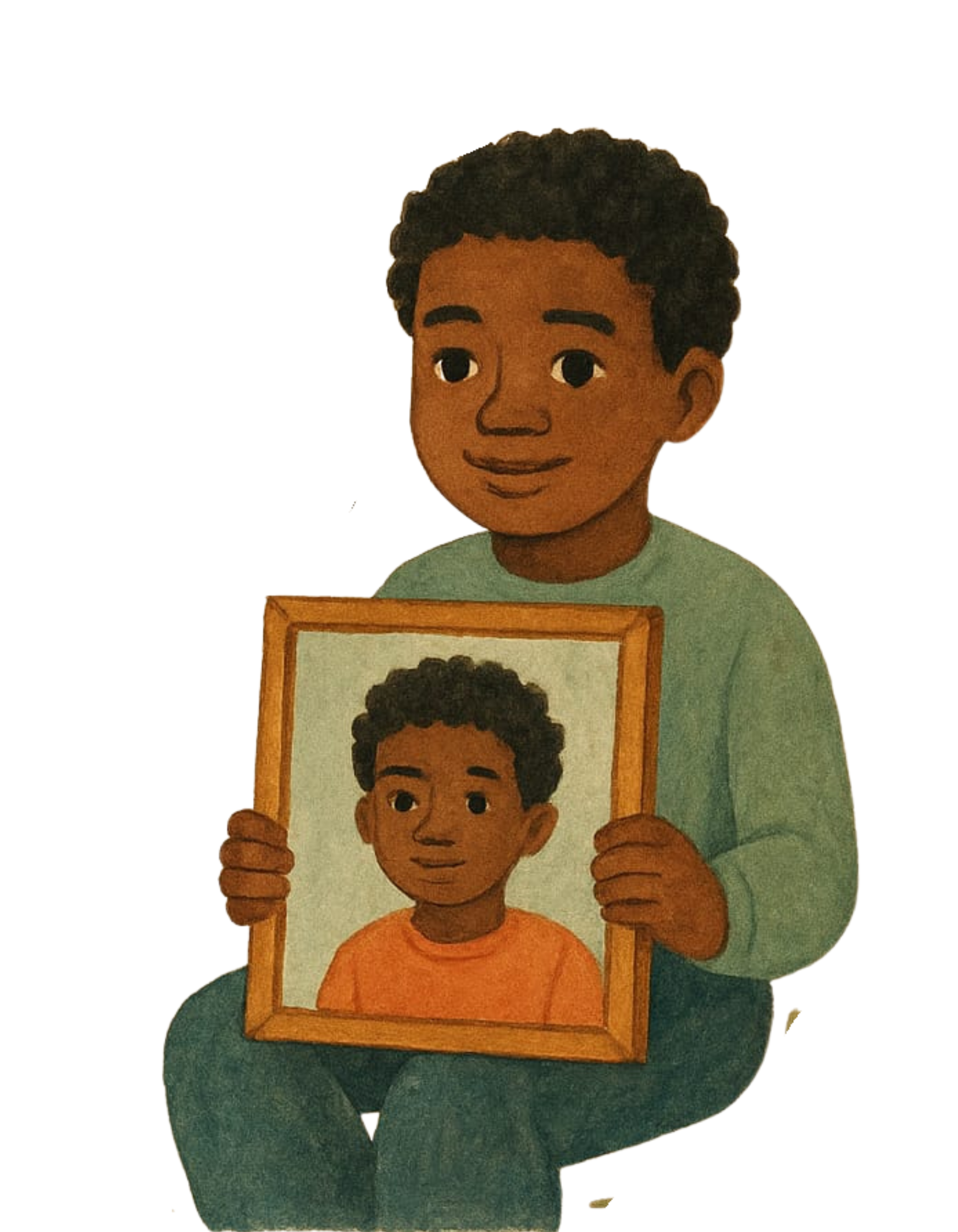 Illustration of a young boy with dark curly hair holding a framed portrait of himself as a child.
