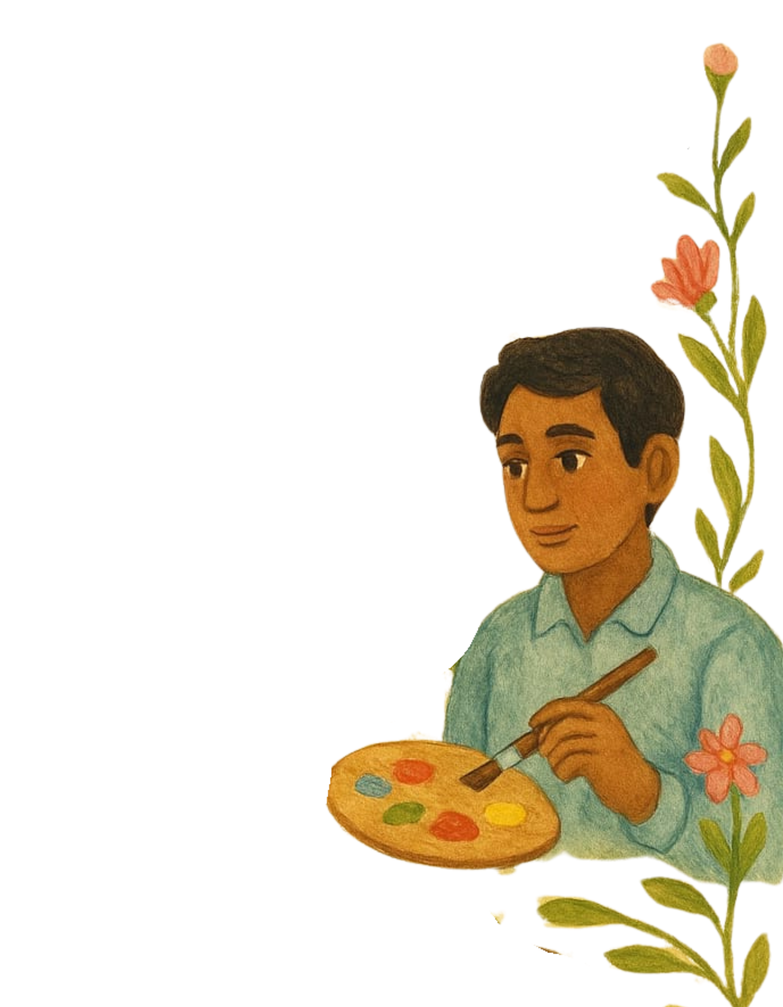 Drawing of a young man with dark hair, holding a painter's palette with various colors and a brush, surrounded by tall pink and orange flowers and green leaves.