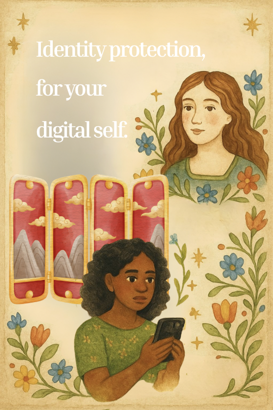 Illustration promoting identity protection with a young woman using a smartphone, a romantic backdrop, and a portrait of a woman surrounded by floral and star elements.