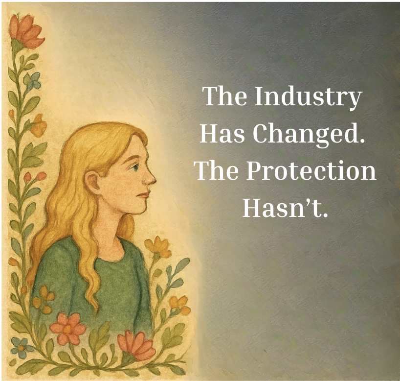 Illustration of a woman with long blonde hair, wearing a green top, surrounded by flowers, with a message about industry and protection.