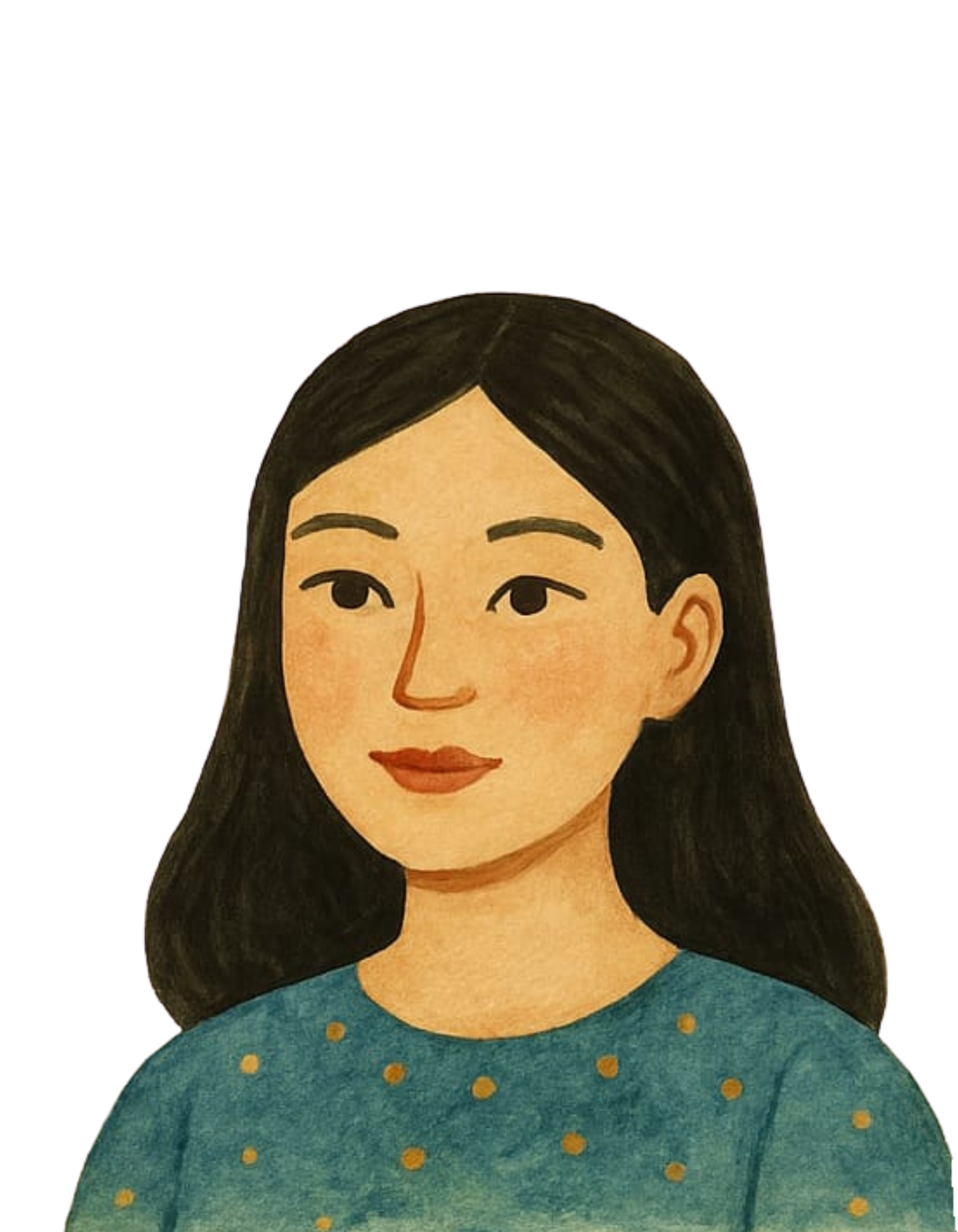 A hand-drawn illustration of a woman with long black hair, fair skin, and wearing a blue top with yellow polka dots.